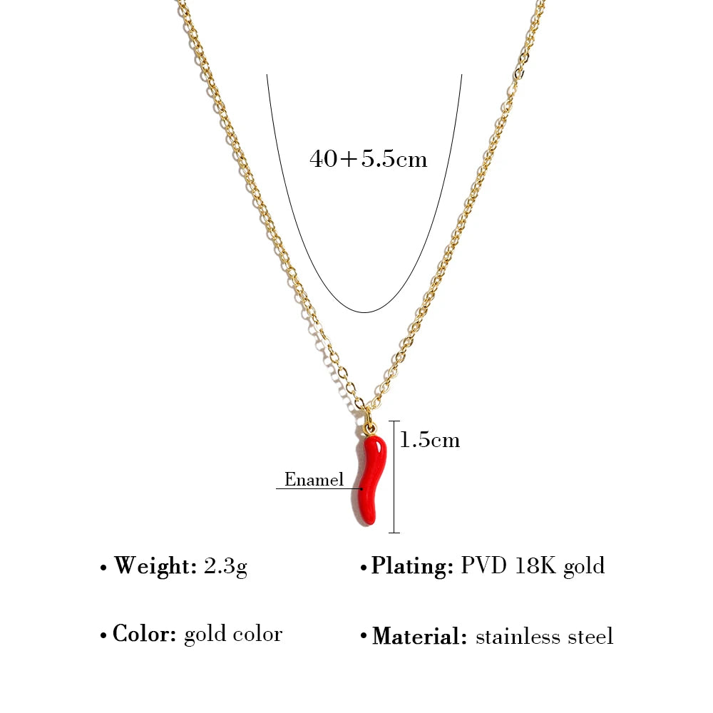 Gold Enamel Red Pepper Pendant Necklace