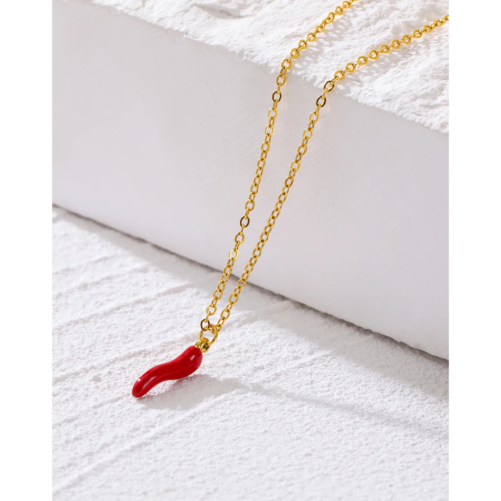 Gold Enamel Red Pepper Pendant Necklace