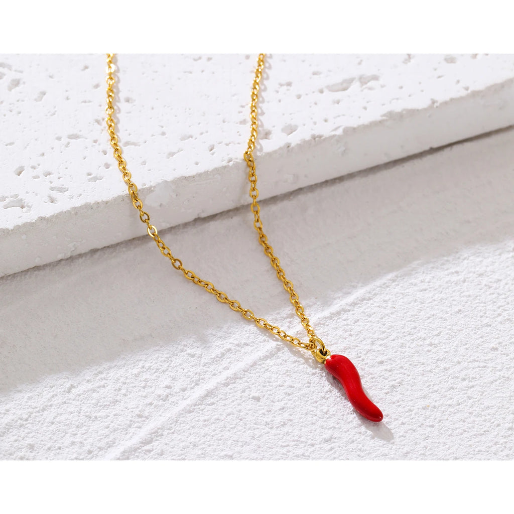 Gold Enamel Red Pepper Pendant Necklace