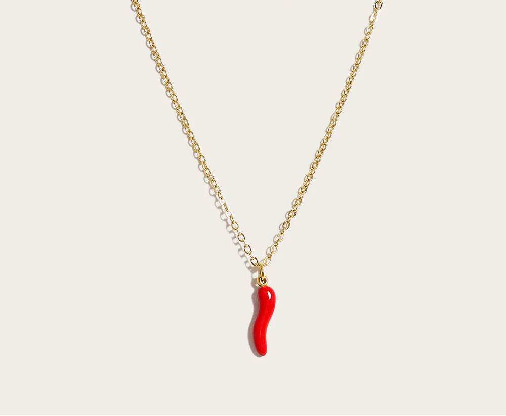 Gold Enamel Red Pepper Pendant Necklace