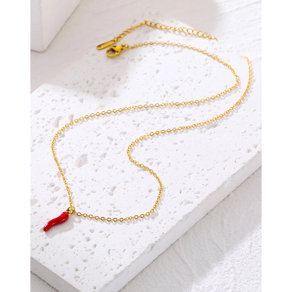 Gold Enamel Red Pepper Pendant Necklace