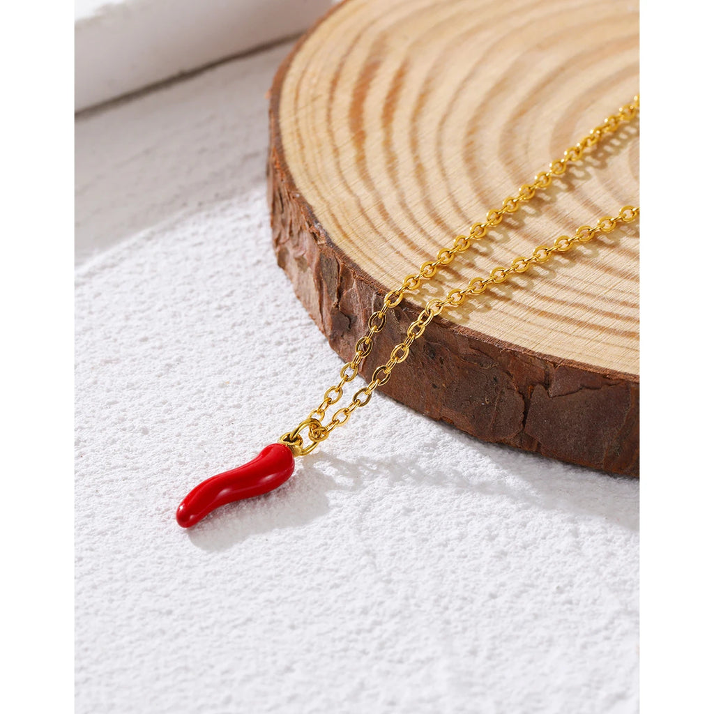 Gold Enamel Red Pepper Pendant Necklace