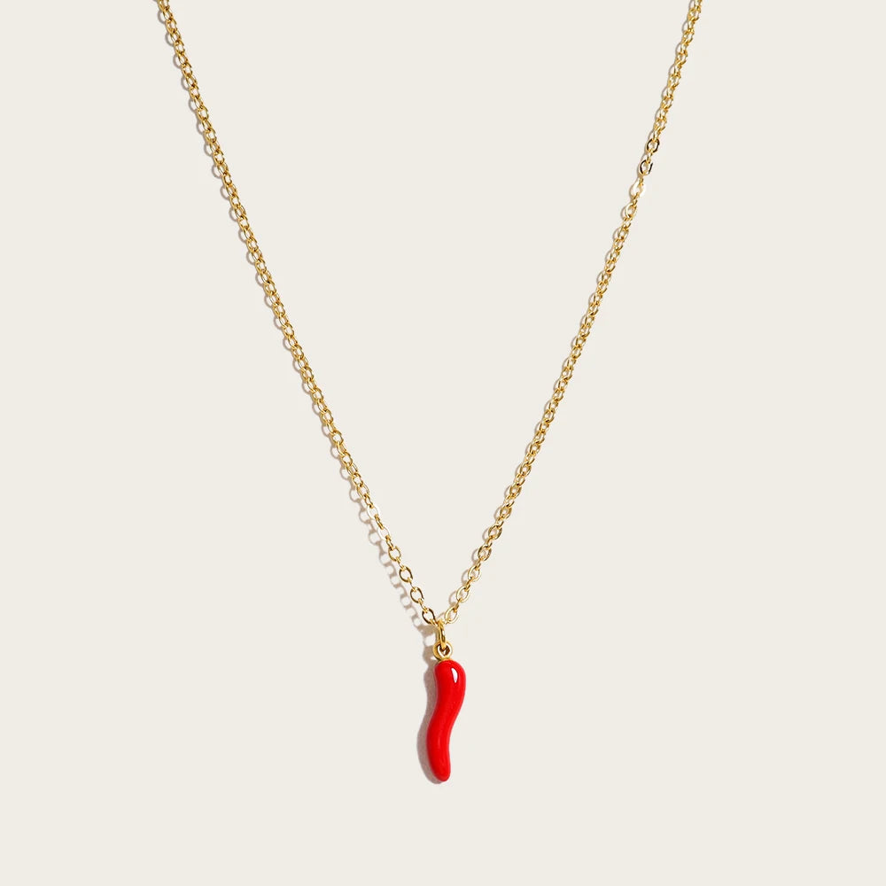 Gold Enamel Red Pepper Pendant Necklace
